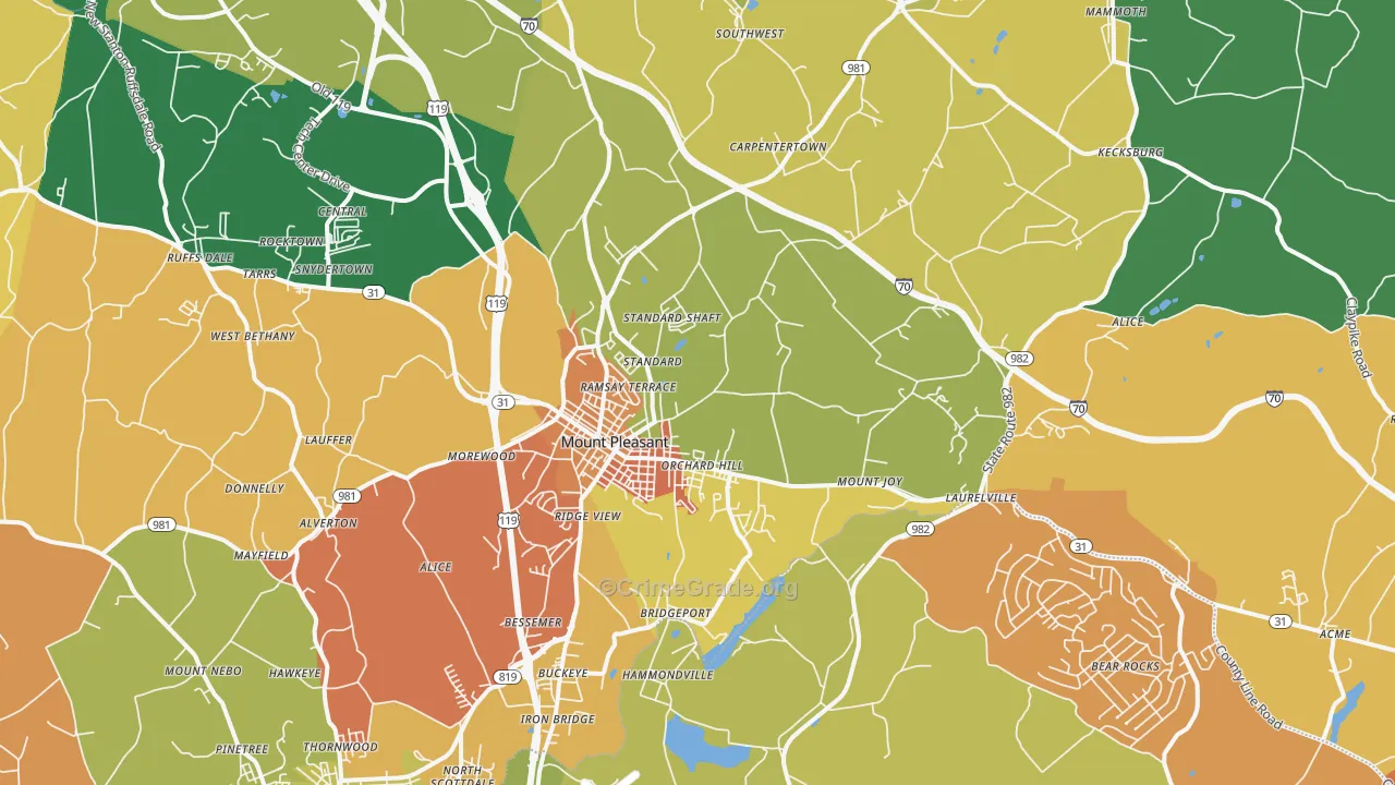 Mount Pleasant, PA Map of Burglary Rates