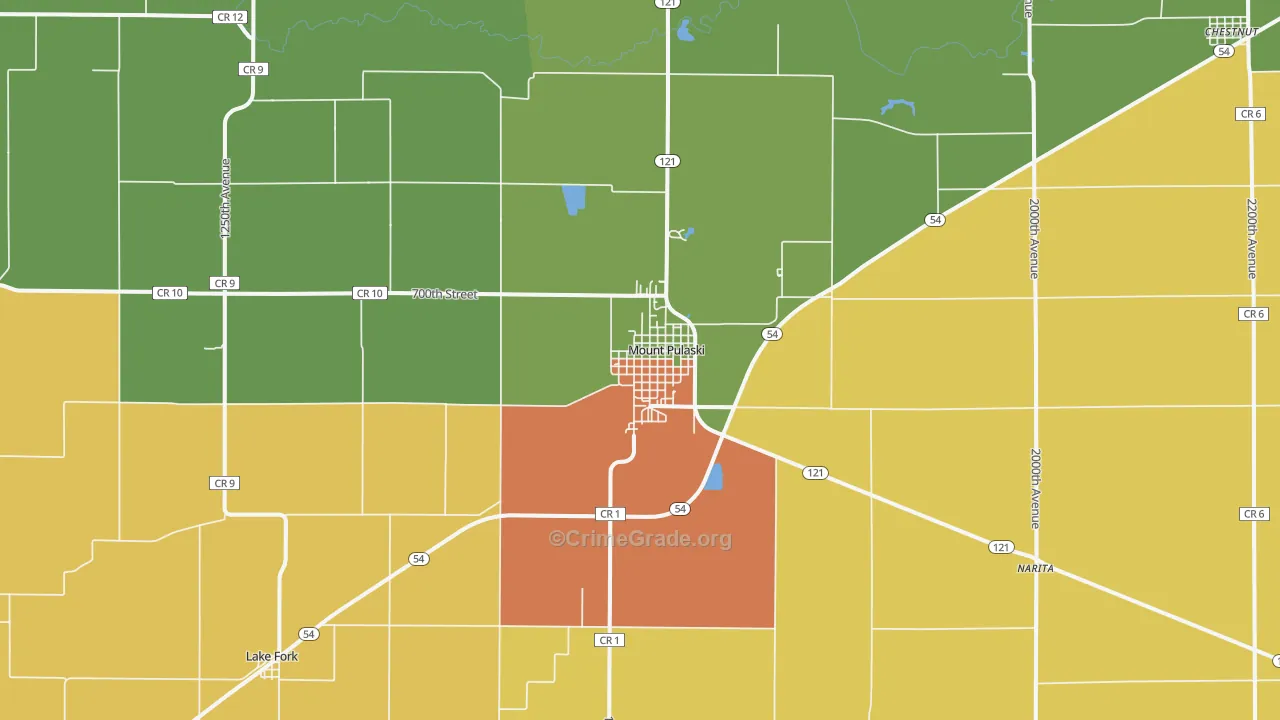 Mount Pulaski, IL Map of Burglary Rates