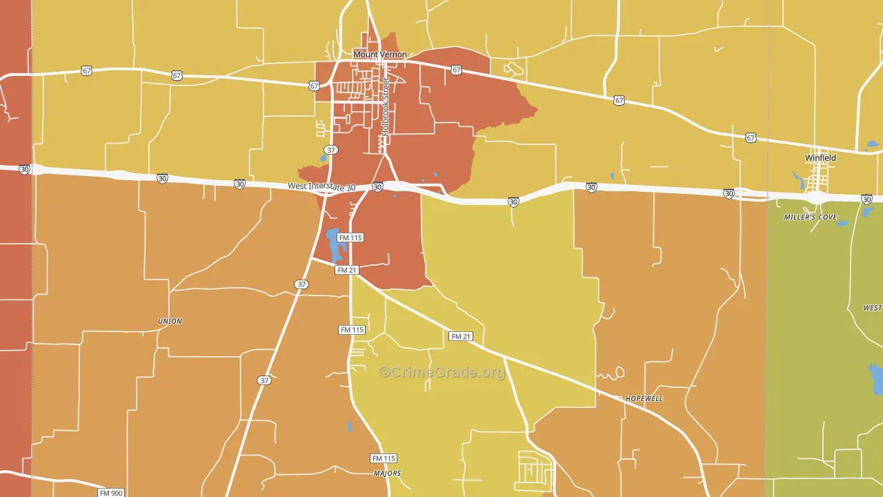 Mount Vernon, TX Map of Burglary Rates