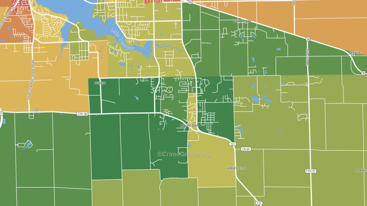 Mount Zion, IL Map of Burglary Rates