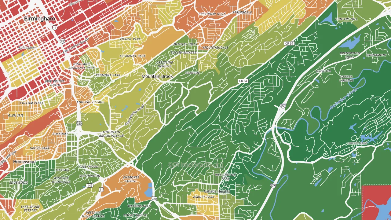 Mountain Brook, AL Map of Burglary Rates