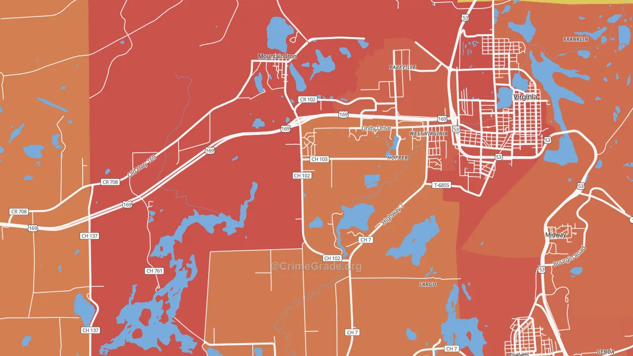 Mountain Iron, MN Map of Burglary Rates