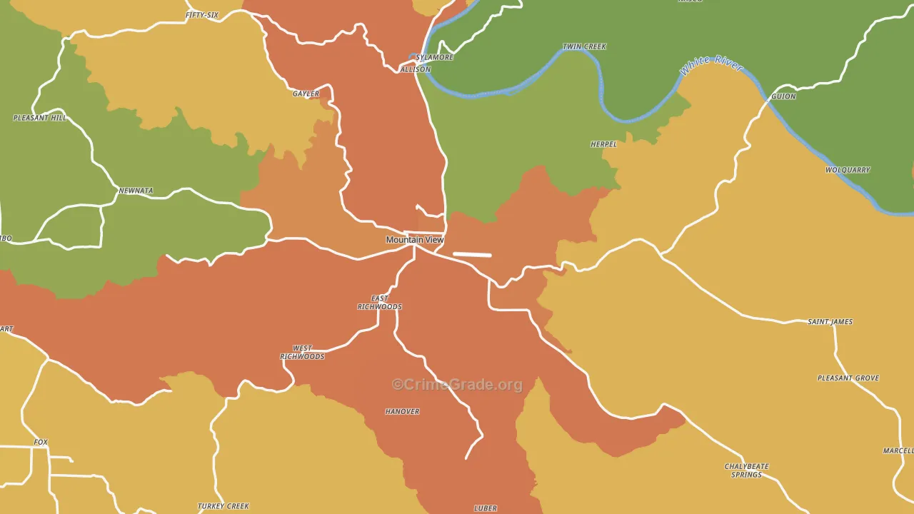 Mountain View, AR Map of Burglary Rates