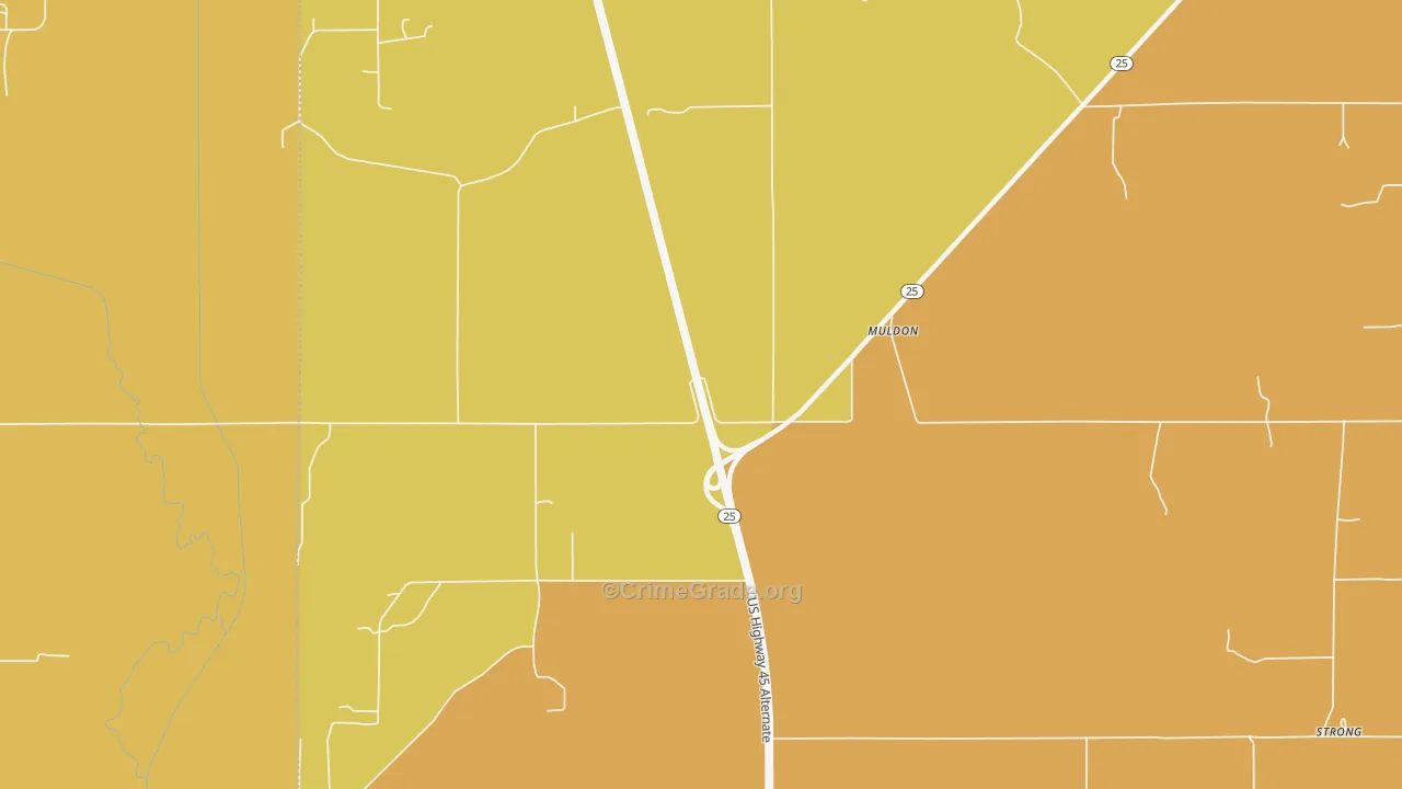 Muldon, MS Map of Burglary Rates
