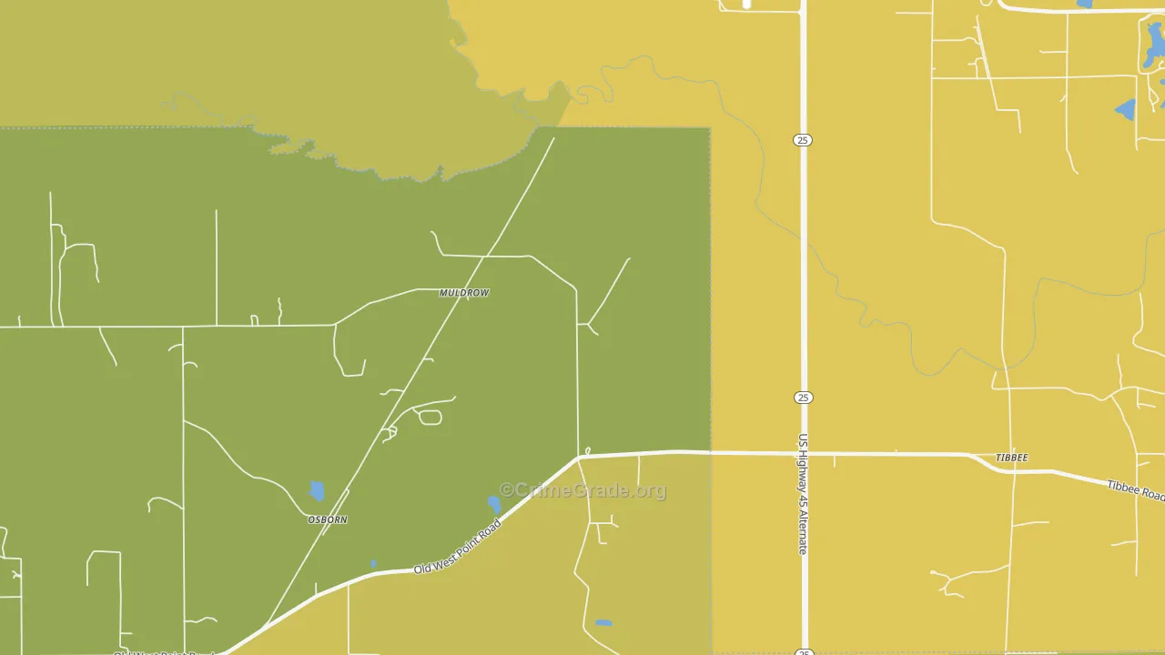 Muldrow, MS Map of Burglary Rates
