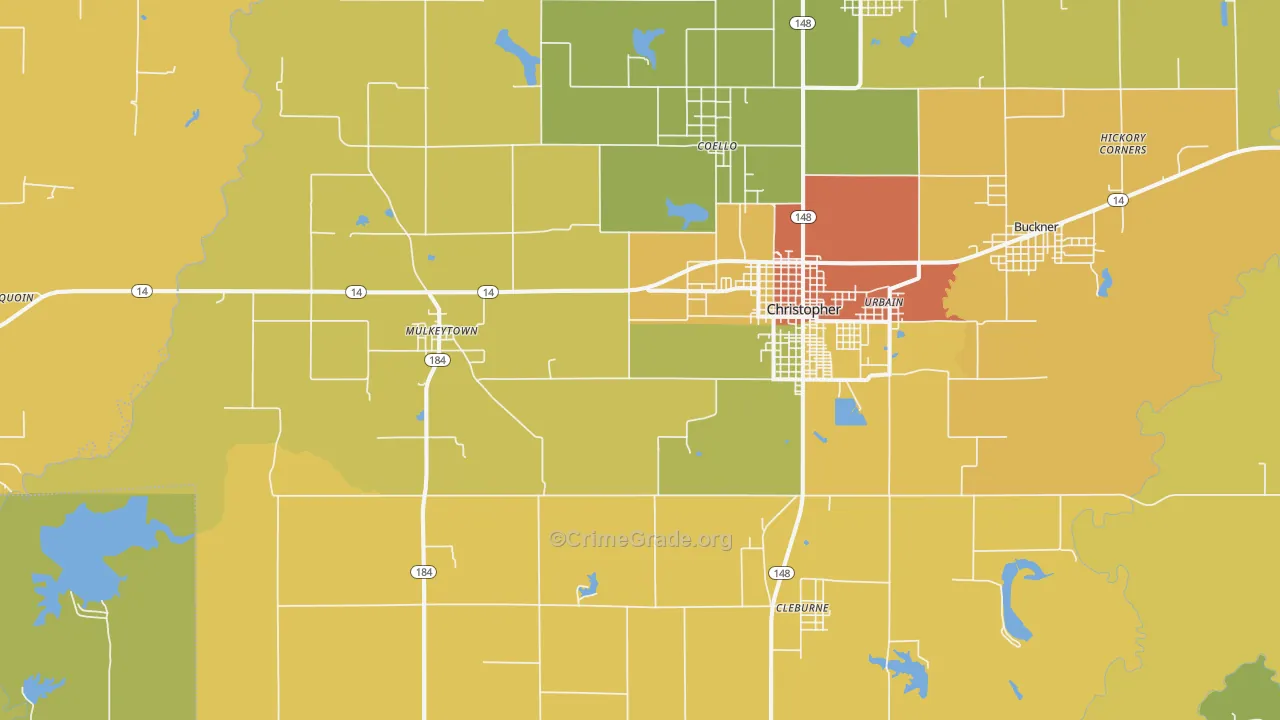 Mulkeytown, IL Map of Burglary Rates