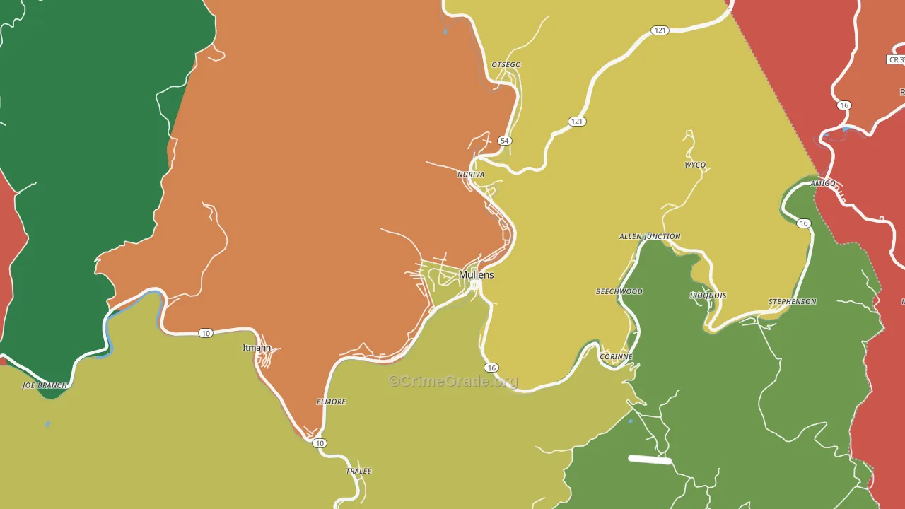 Mullens, WV Map of Burglary Rates
