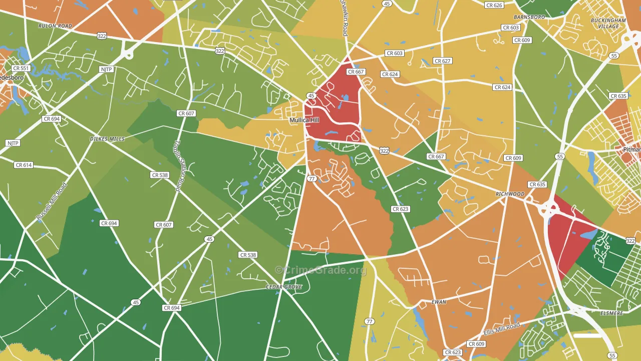 Mullica Hill, NJ Map of Burglary Rates