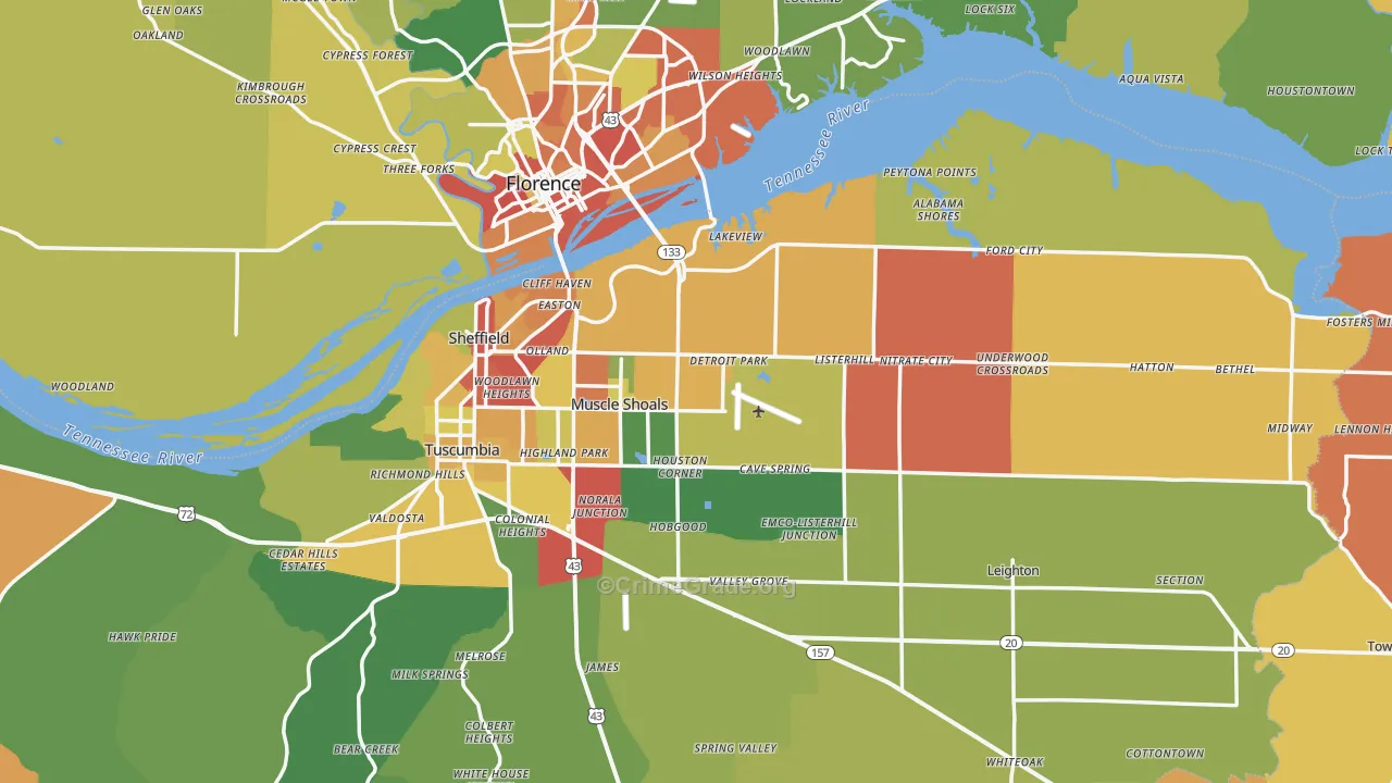 Muscle Shoals, AL Map of Burglary Rates