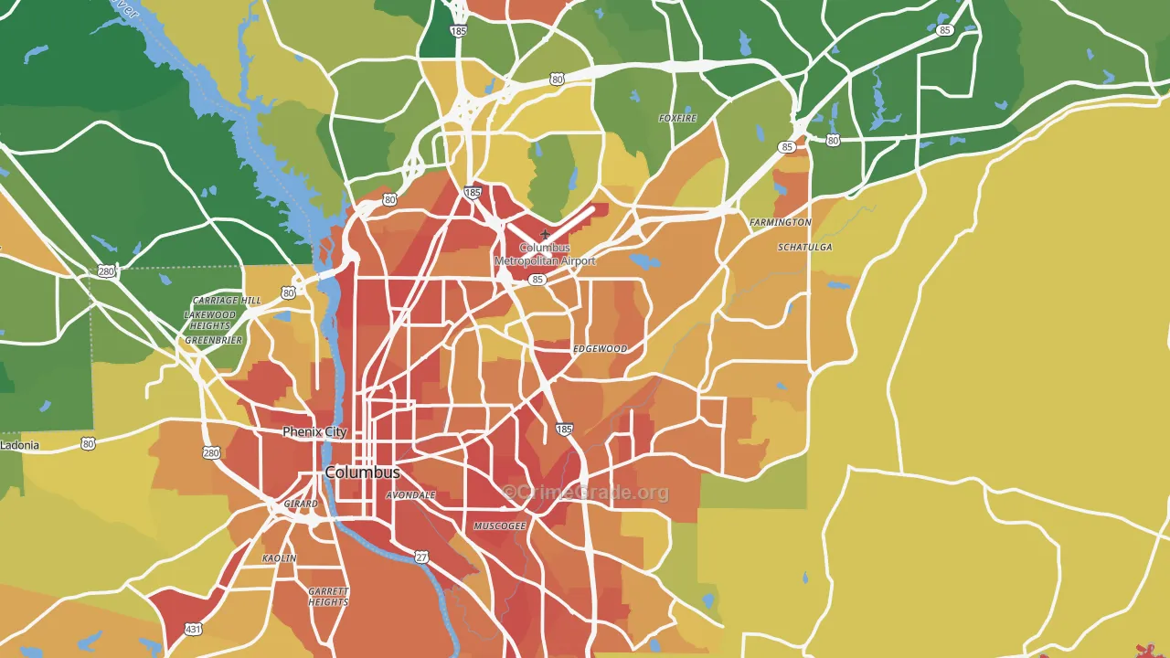 Muscogee County, GA Map of Burglary Rates