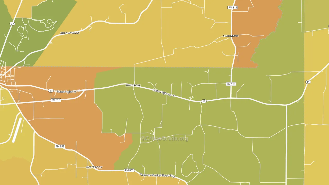 Musgrove, TX Map of Burglary Rates