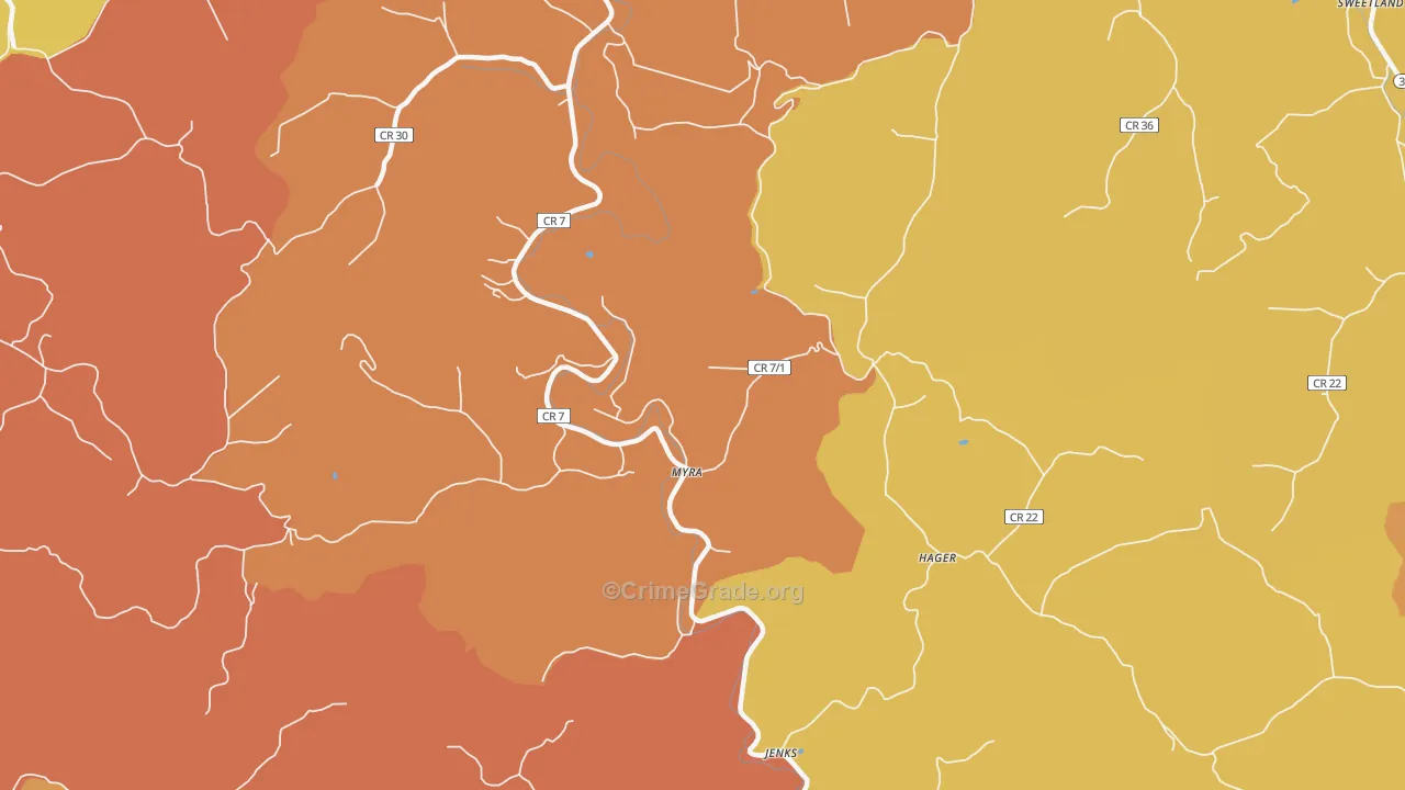 Myra, WV Map of Burglary Rates