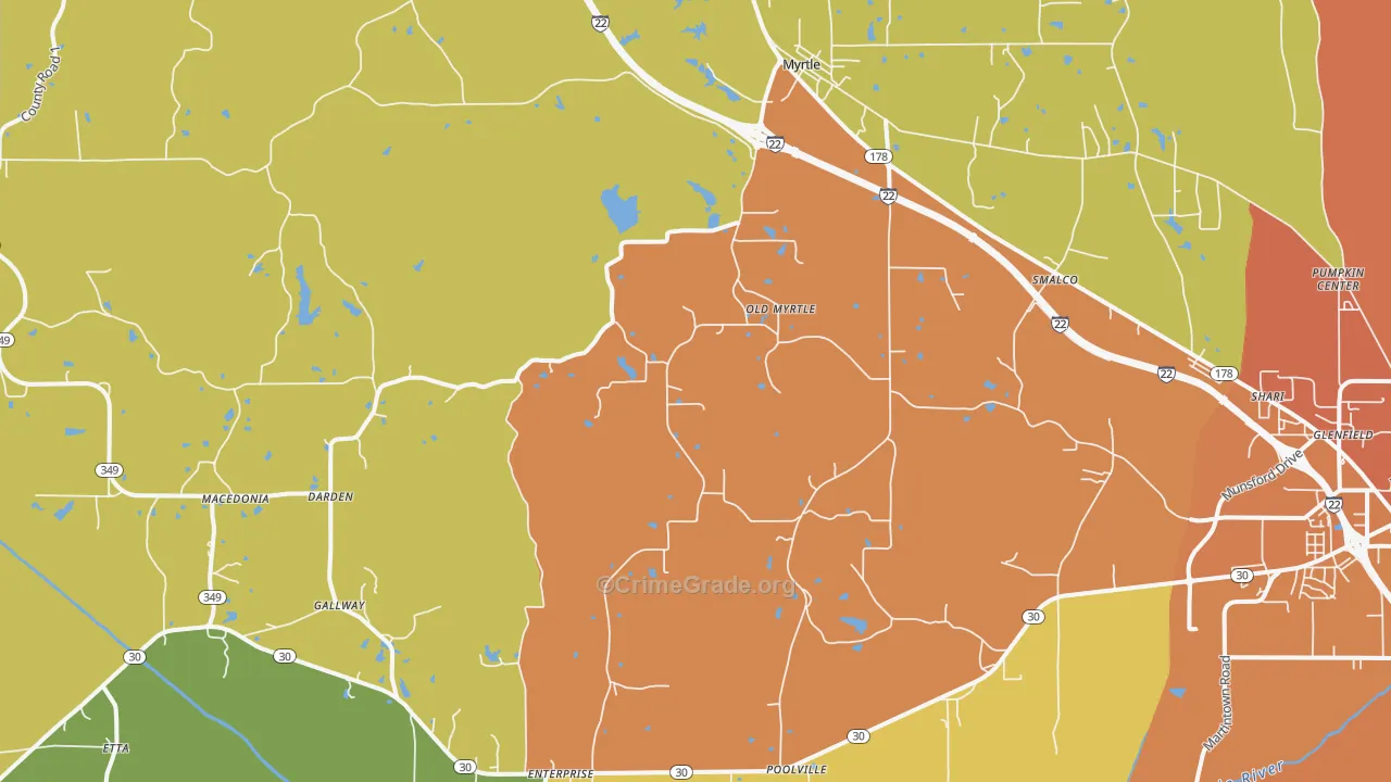Myrtle, MS Map of Burglary Rates