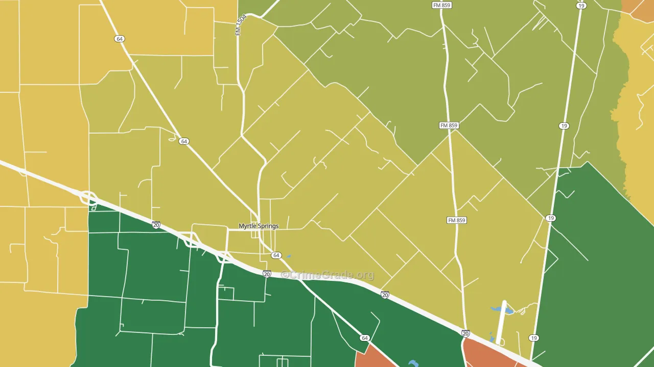 Myrtle Springs, TX Map of Burglary Rates