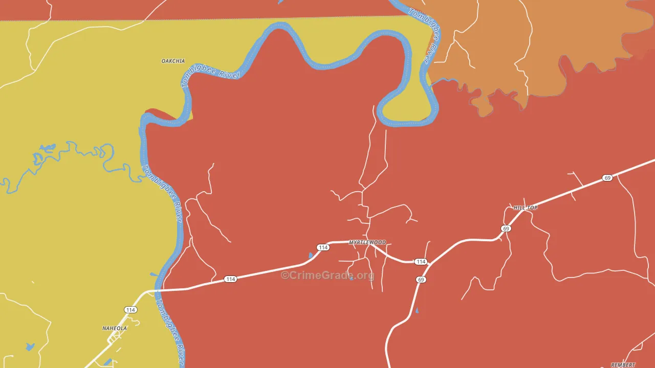 Myrtlewood, AL Map of Burglary Rates