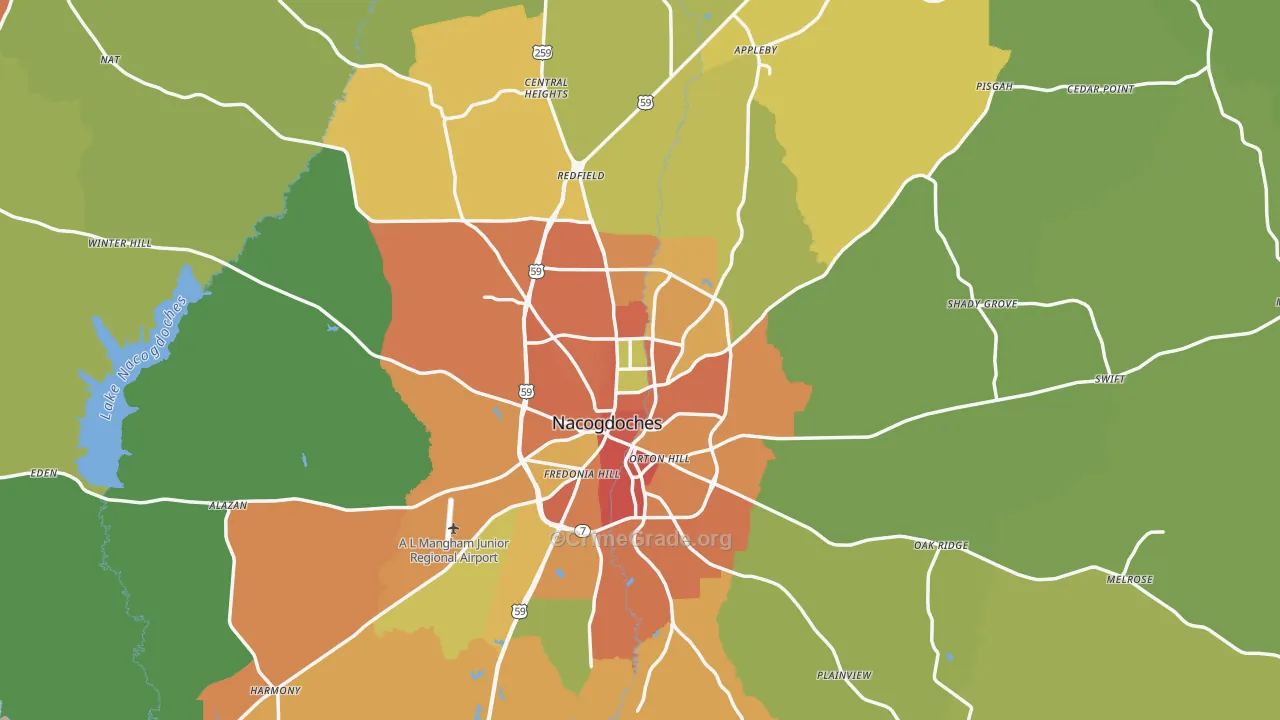 Nacogdoches County, TX Map of Burglary Rates