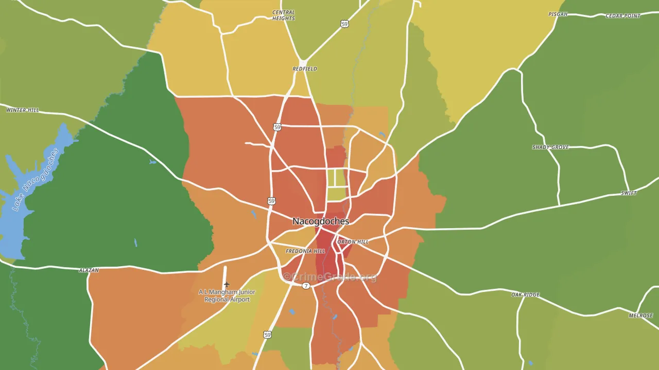 Nacogdoches, TX Map of Burglary Rates