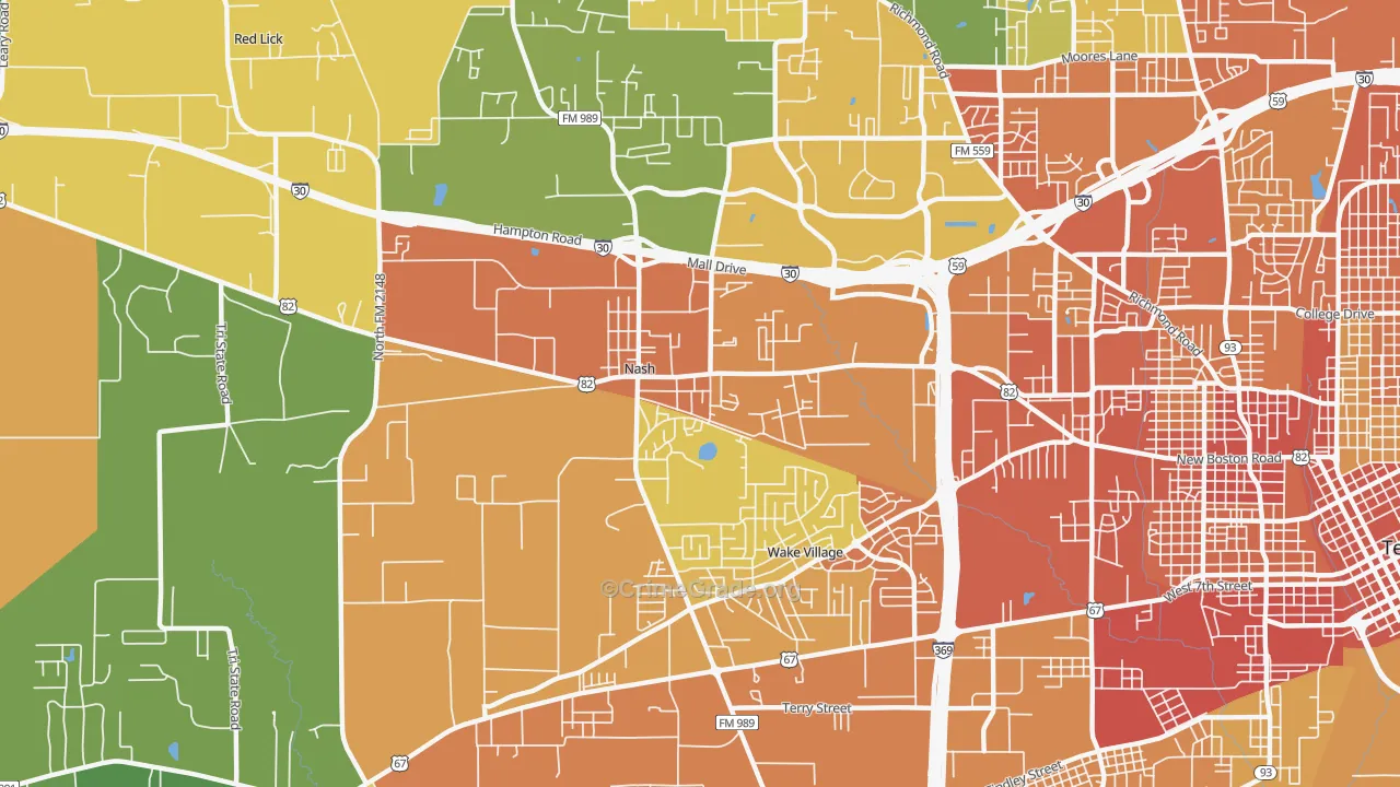 Nash, TX Map of Burglary Rates