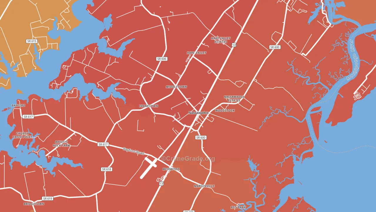Nassawadox, VA Map of Burglary Rates