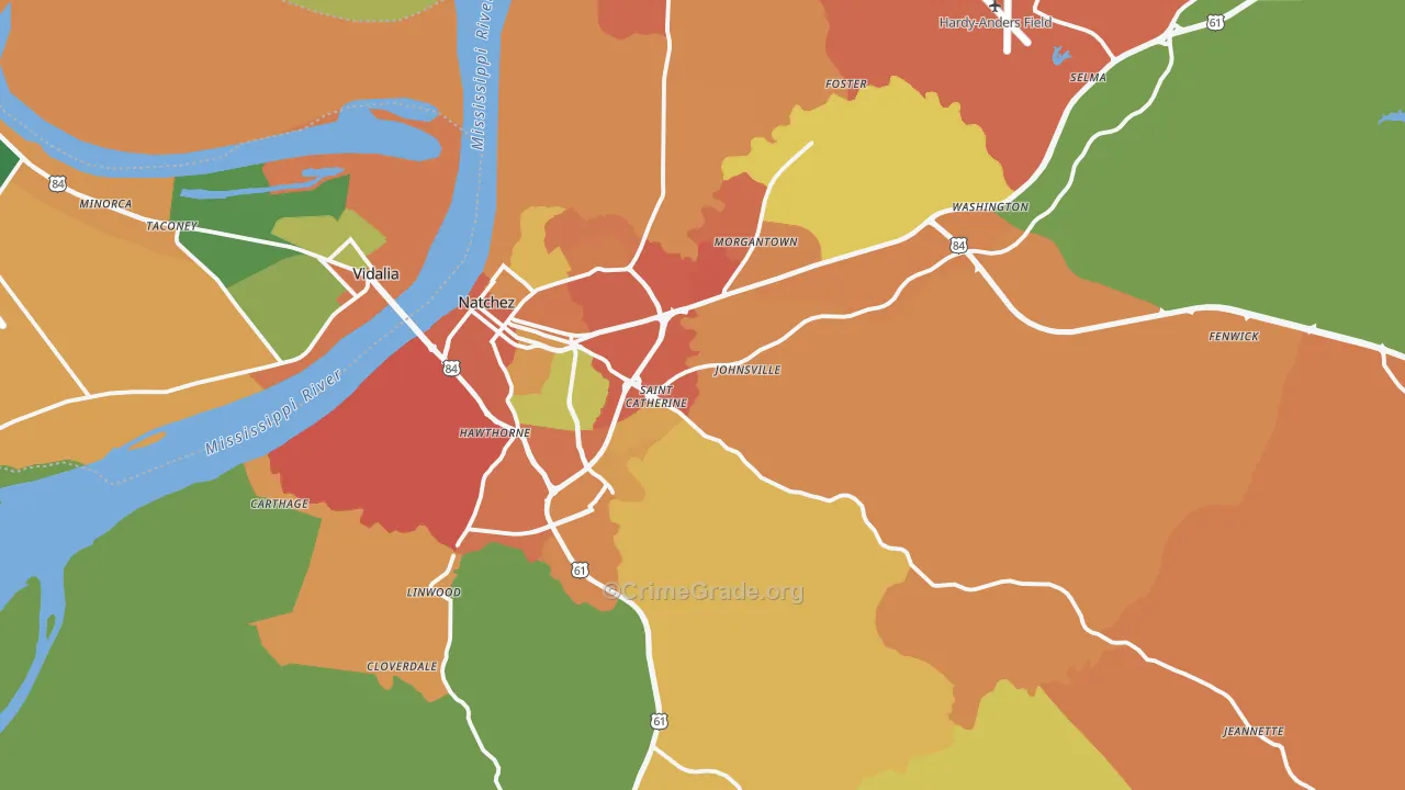 Natchez, MS Map of Burglary Rates