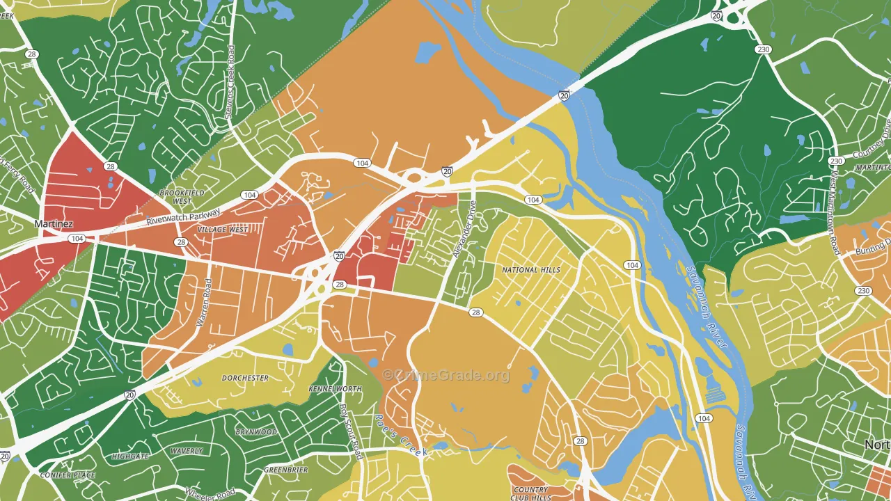 National Hills, Augusta, GA Map of Burglary Rates