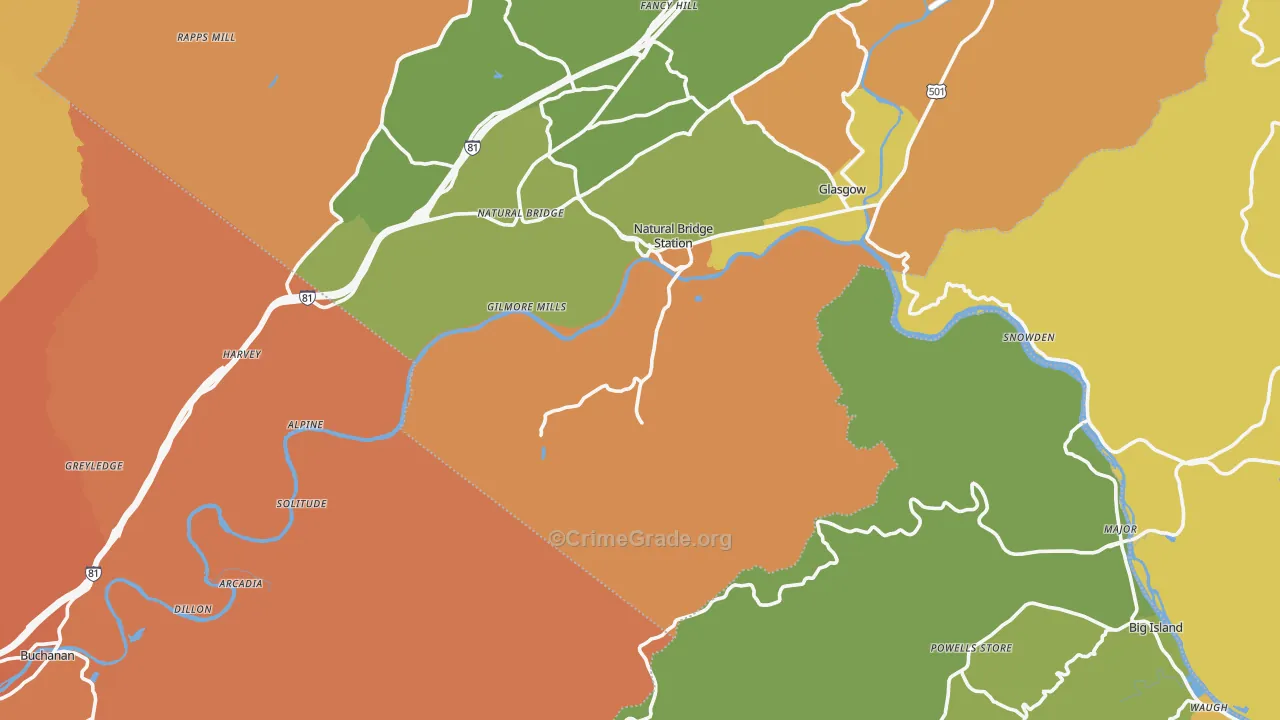 Natural Bridge Station, VA Map of Burglary Rates