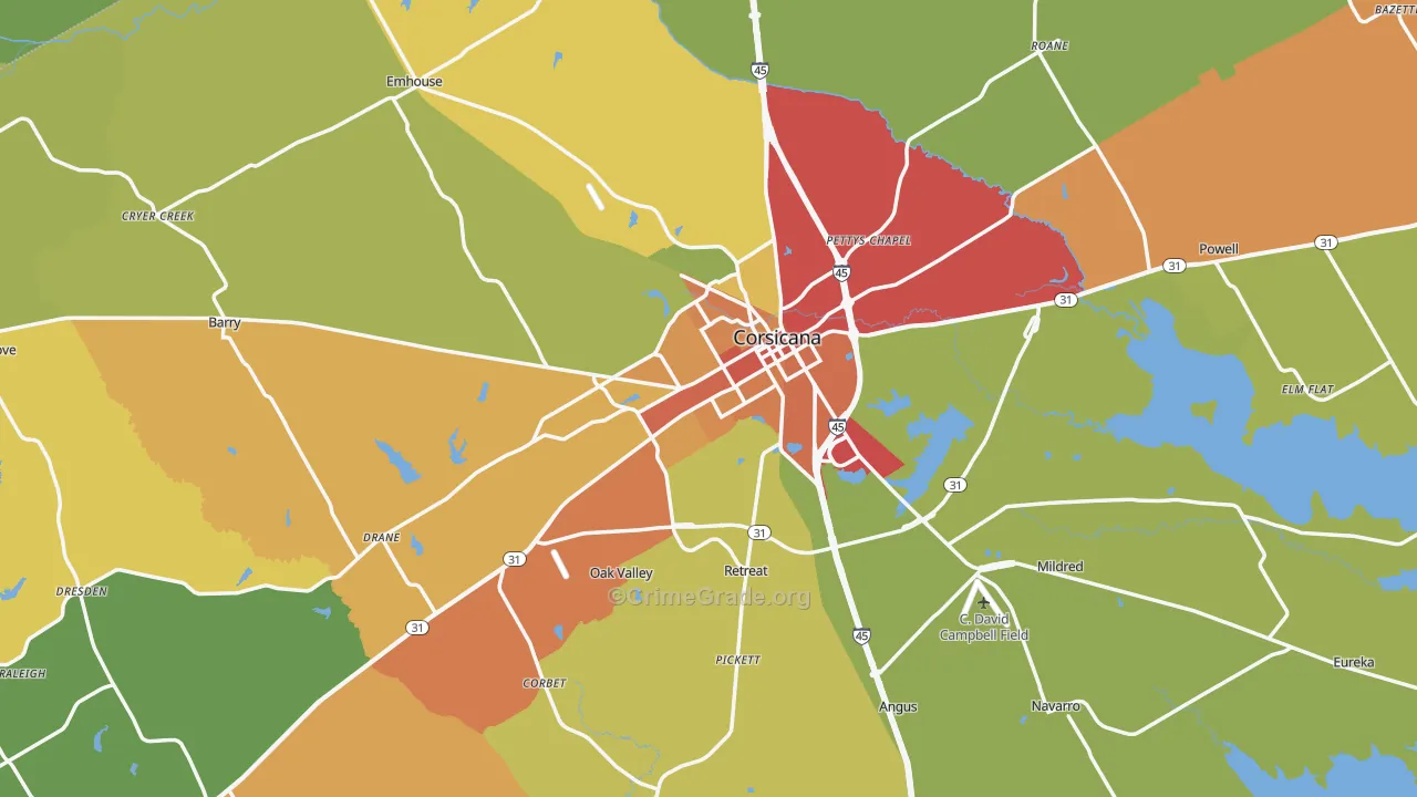 Navarro County, TX Map of Burglary Rates