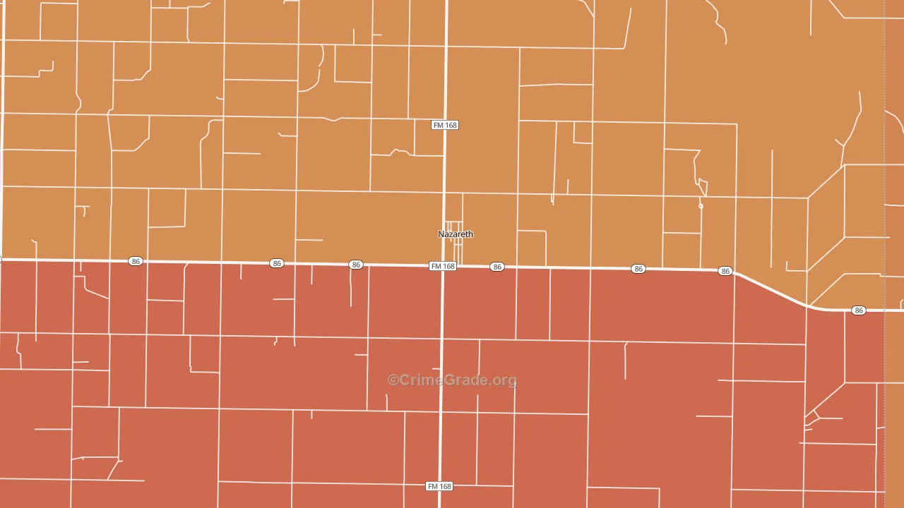 Nazareth, TX Map of Burglary Rates