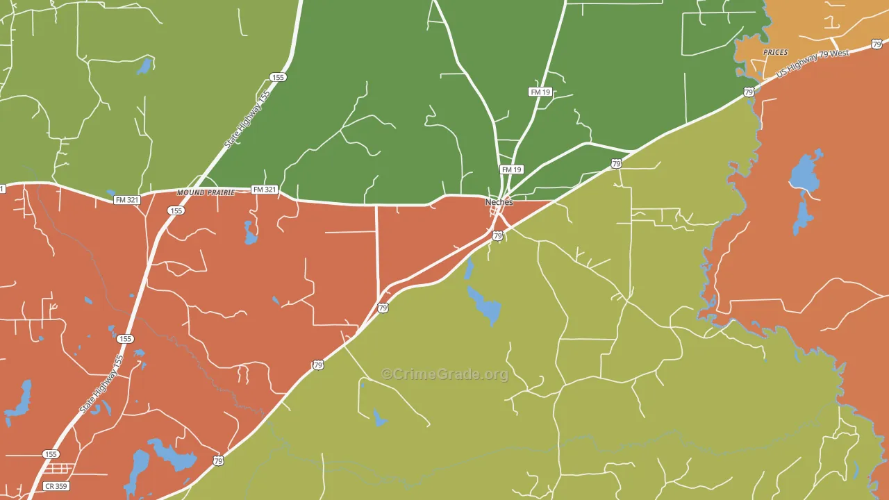 Neches, TX Map of Burglary Rates