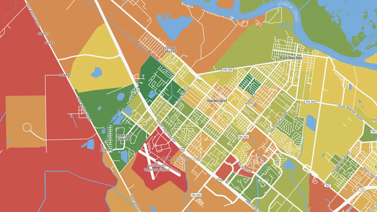 Nederland, TX Map of Burglary Rates