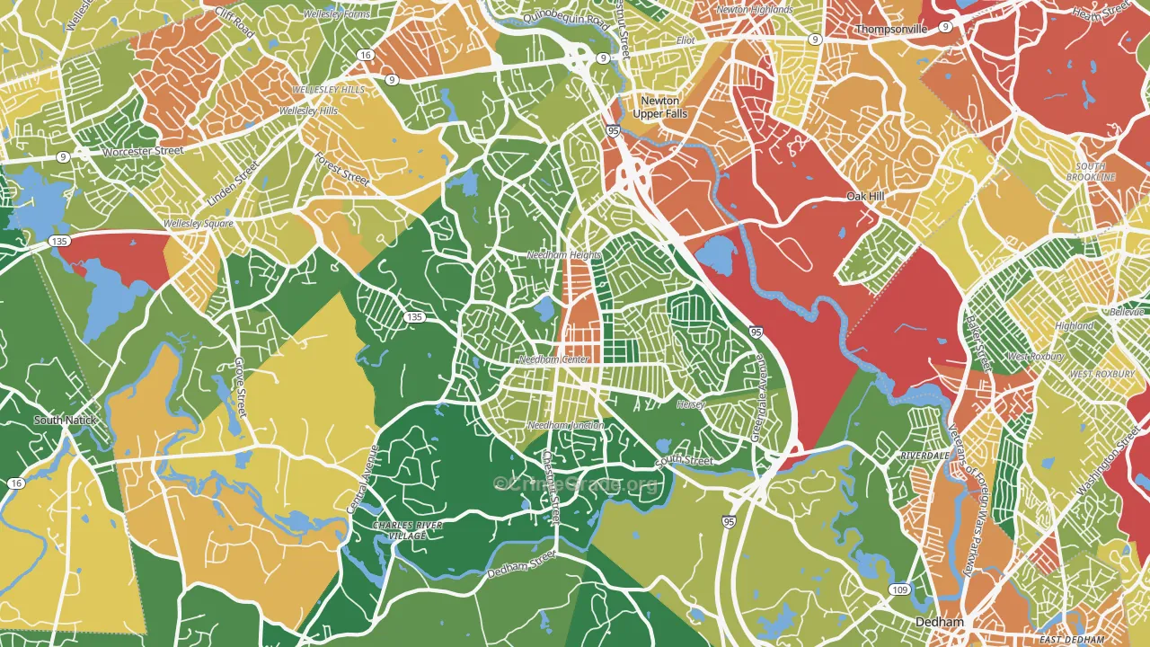 Needham, MA Map of Burglary Rates