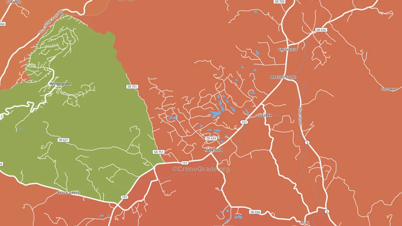 Nellysford, VA Map of Burglary Rates