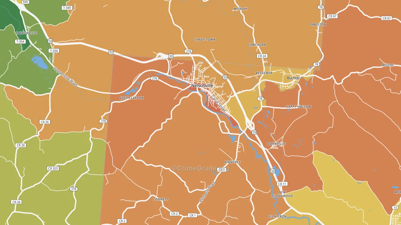 Nelsonville, OH Map of Burglary Rates