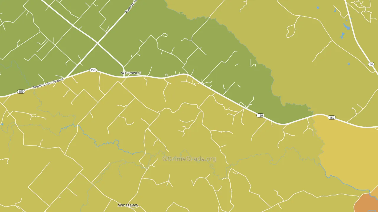 Nelsonville, TX Map of Burglary Rates