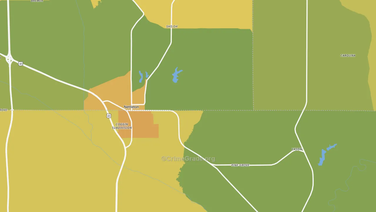 Nettleton, MS Map of Burglary Rates
