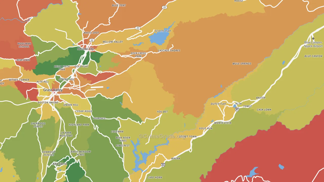 Nevada County, CA Map of Burglary Rates