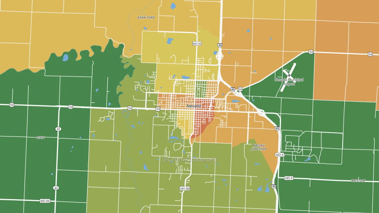 Nevada, MO Map of Burglary Rates