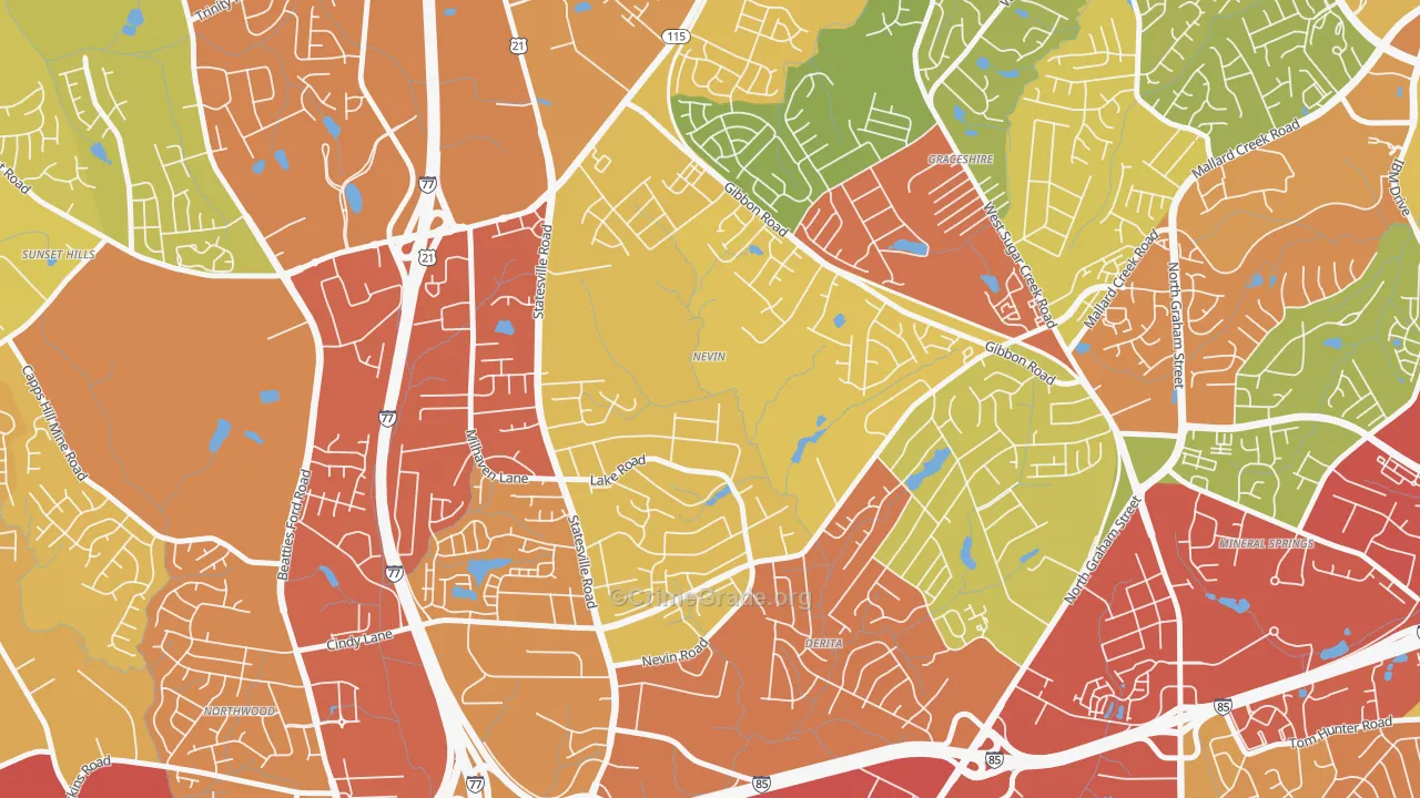 Nevin Community, Charlotte, NC Map of Burglary Rates