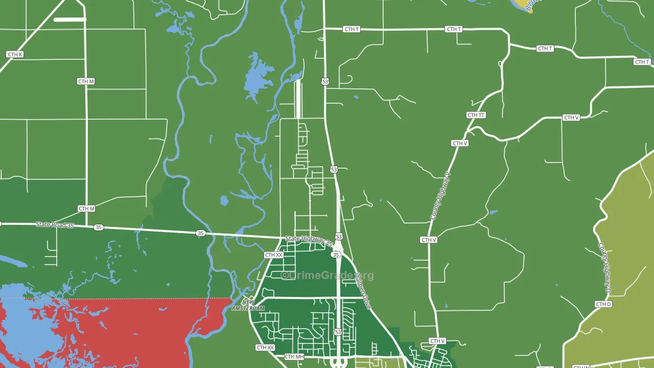 New Amsterdam, WI Map of Burglary Rates