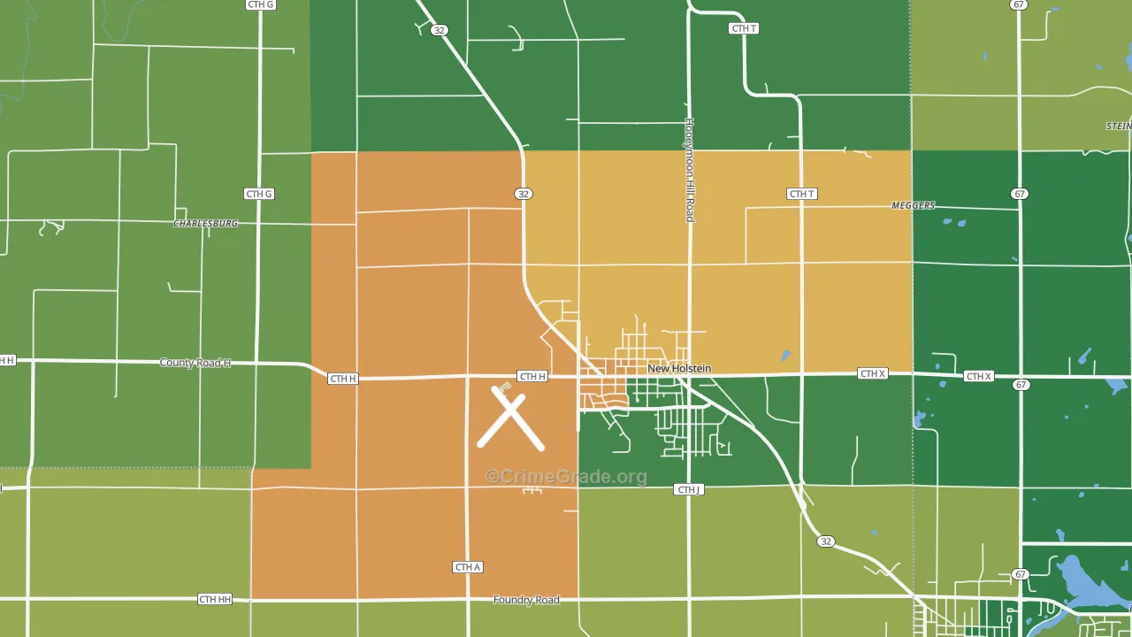 New Holstein, WI Map of Burglary Rates