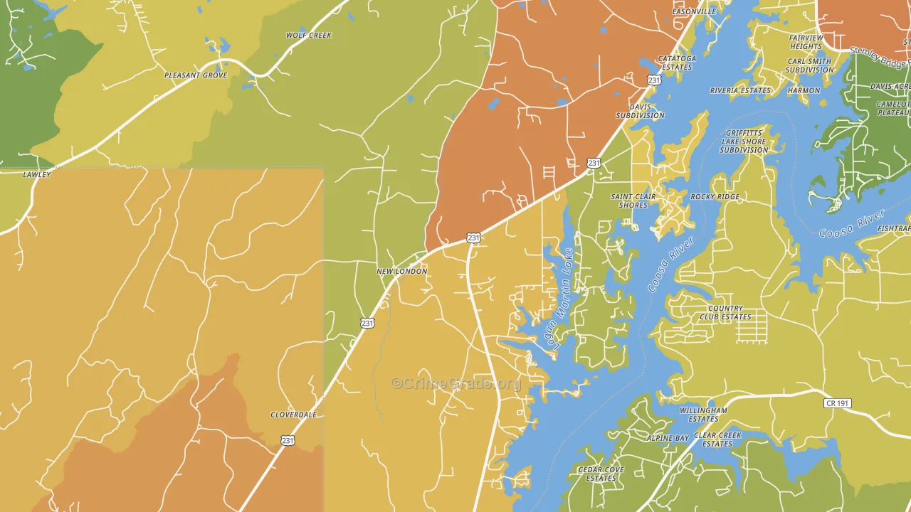 New London, AL Map of Burglary Rates