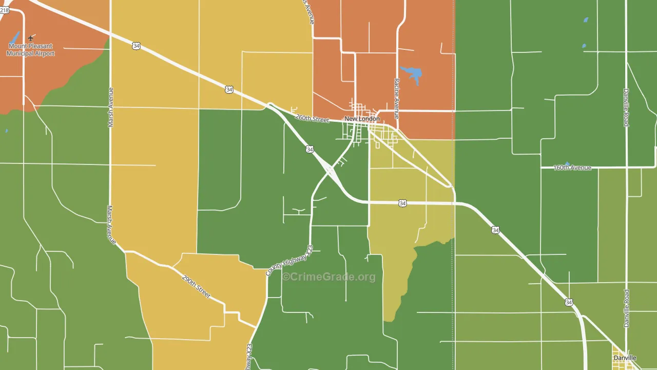 New London, IA Map of Burglary Rates