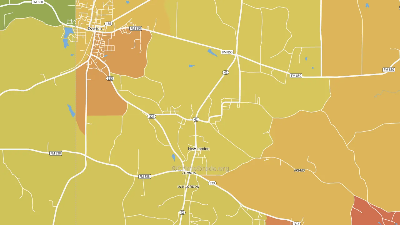 New London, TX Map of Burglary Rates