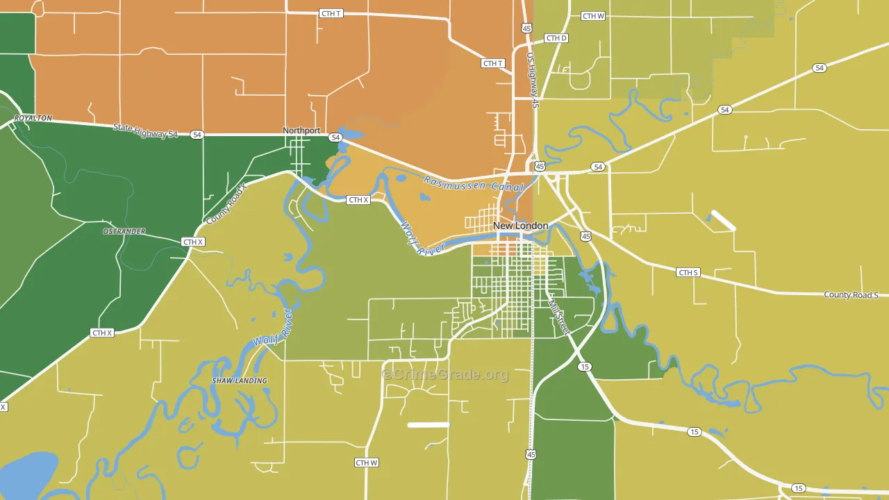 New London, WI Map of Burglary Rates