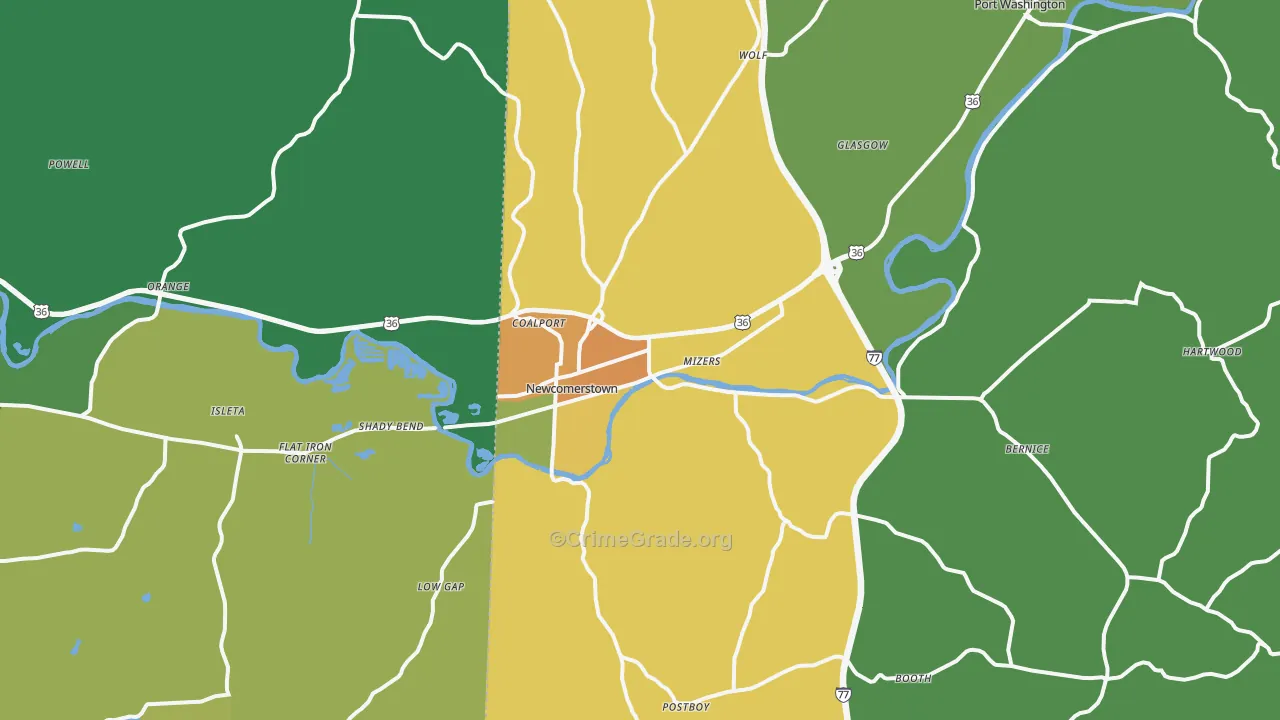 Newcomerstown, OH Map of Burglary Rates