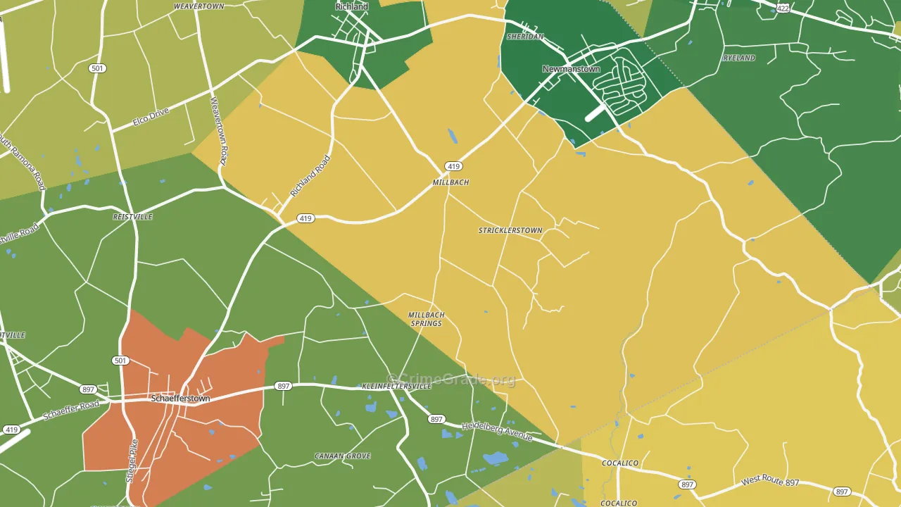 Newmanstown, PA Map of Burglary Rates