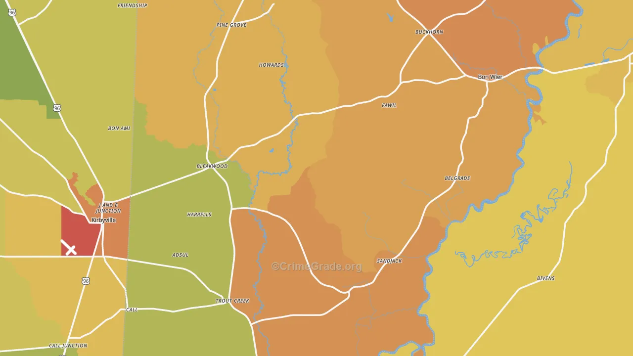 Newton County, TX Map of Burglary Rates
