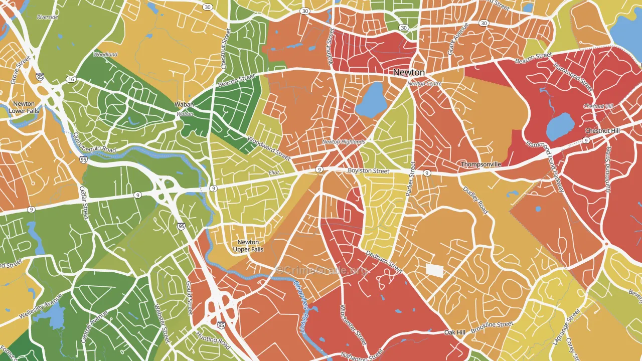 Newton Highlands, MA Map of Burglary Rates