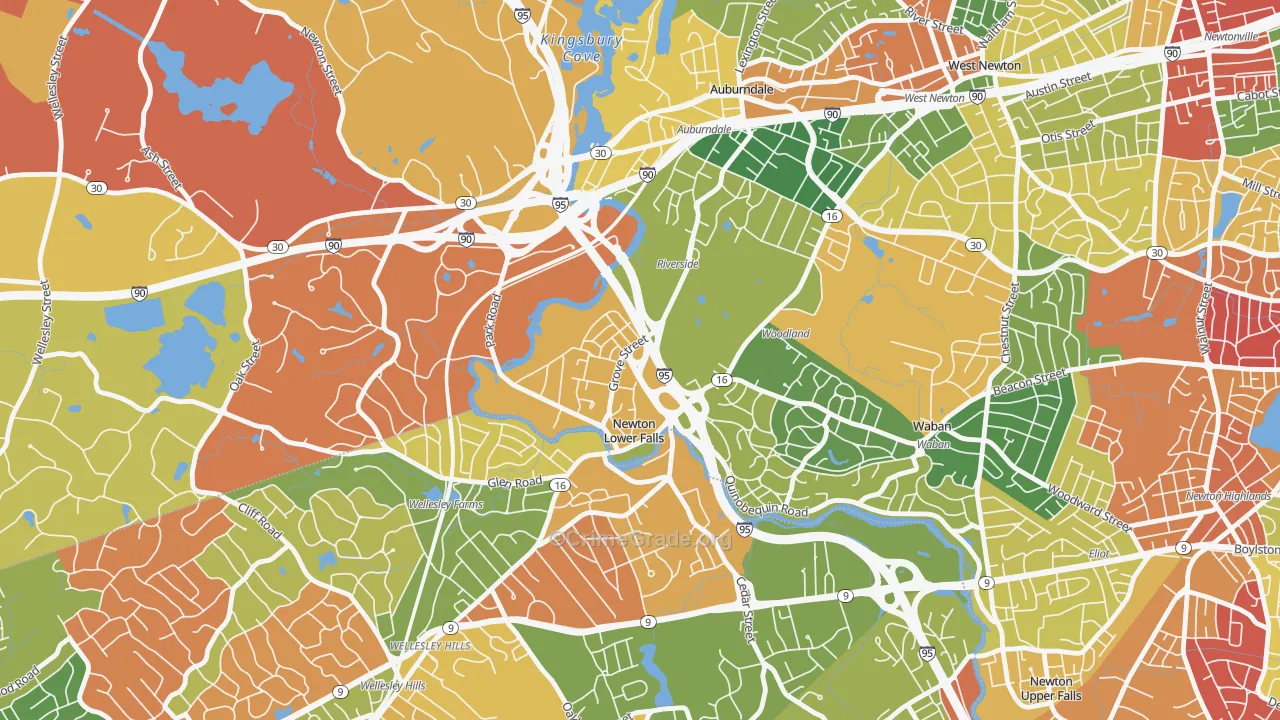 Newton Lower Falls, MA Map of Burglary Rates