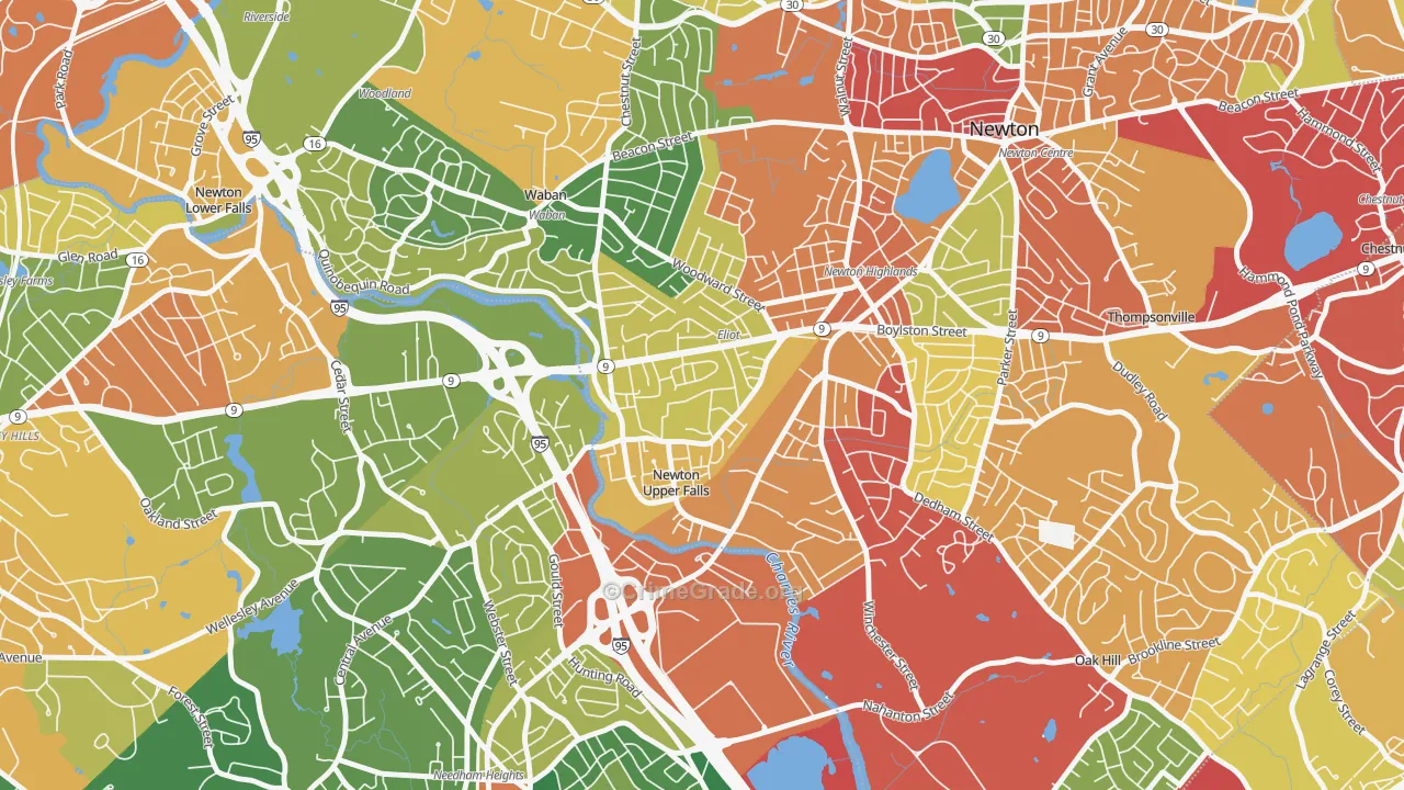 Newton Upper Falls, MA Map of Burglary Rates